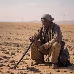 the man is sitting in the desert with a small instrument