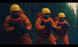 three men wearing orange safety gear are on a trail