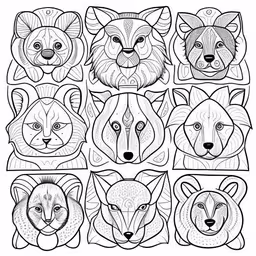 a large print of animals made out of geometric designs,an abstract drawing of a group of fox heads,the four heads of different animals drawn in pencil,the pattern has different types of head shapes,a bunch of faces of animals that are in the form of a pattern