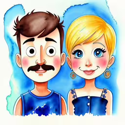 a man and woman painted in watercolor on white paper,a couple who is wearing earrings, painted on paper,a cartoon of a man and woman with blonde hair,a man and woman with big blue eyes,a drawing of a girl and a guy who appear to be smiling