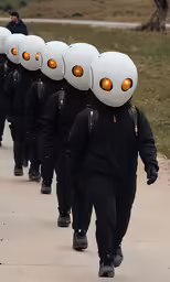 several people wearing helmets walk on a road