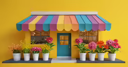 an outdoor area with various potted flowers and a building