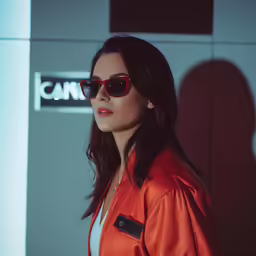 a beautiful young woman in sunglasses standing in front of a sign