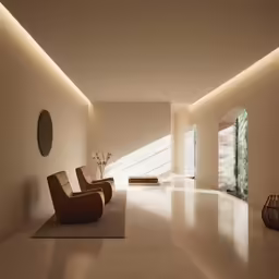 a long living room with two chairs and a floor rug