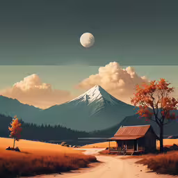 a landscape with mountains, a road and a cabin on the edge,a landscape image with a cabin and a road leading to the mountain