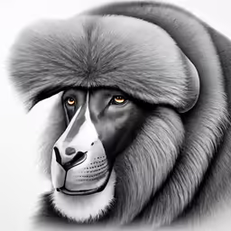 a lion with his head turned down wearing a fur hat
