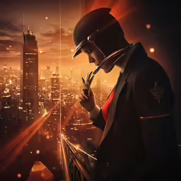 man in dark suit and bowler hat smoking a cigarette in cityscape
