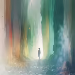 person standing in a misty forest with smoke in the background