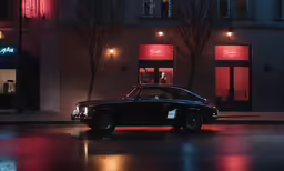 the black classic car is parked on a wet street