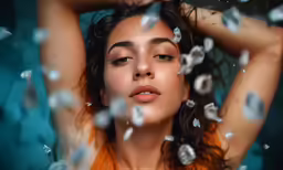 the woman is posing with all her hands in the air