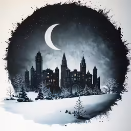 this is an artistic picture with snow and a moon in it