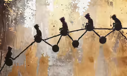 several birds are sitting on the branch by the window