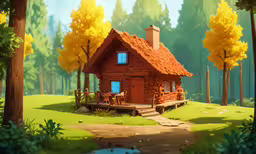 a digital painting of a cottage with a walkway leading up to it,a small red log cabin in the forest