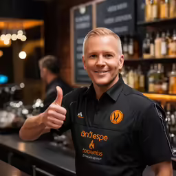 a man giving a thumbs up with a bar in the background
