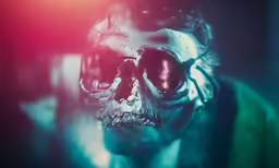 a skeleton wearing sunglasses and a green jacket