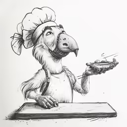 a cartoon depicting a chicken holding a platter of pizza