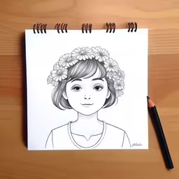 a portrait drawn with a pen and a piece of paper,a drawing of a girl with a flower crown on her head