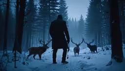 a man is watching three deer in the forest,a man with his hands in his pockets walking towards deer