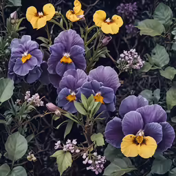 large purple flowers with yellow centers in a garden