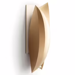 an interesting light brown sculpture in the shape of a curved vase