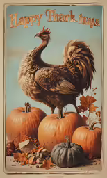 a turkey sits on pumpkins with the words happy thanksgiving