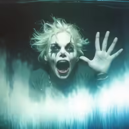 a woman is screaming in the water and holding her hands up