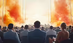 people in business suits sit on chairs watching an event