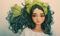 the girl has green hair and is looking at something