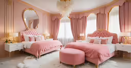 the pink bed room is dressed up in gold and pink