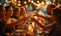 people holding glasses at a table in front of lights