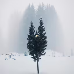 a lone tree stands in the snow on a gloomy day