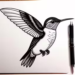 the drawing is of a hummingbird on paper,a hummingbird with wings spread is drawn