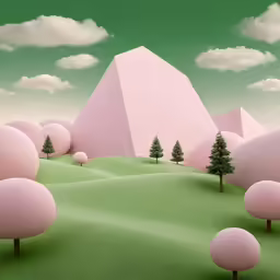 there are many pink and green trees on the green ground