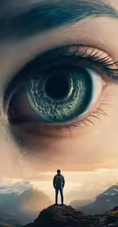 a person standing on top of a hill while looking at a large blue eye