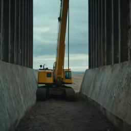 a yellow machine is going over a bridge