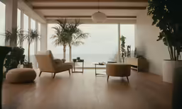 an empty living room with large windows and a view