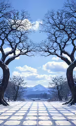 an open snowy field with several large trees