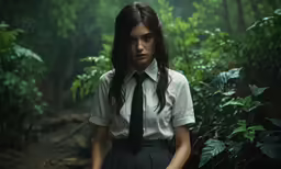 a woman standing in a forest wearing a tie