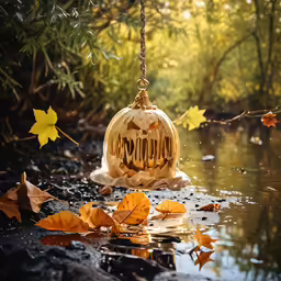 a lantern with the word autumn written in it on some water
