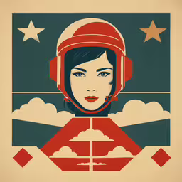 an art deco poster with a woman wearing a red helmet,a poster of a woman wearing an astronaut suit