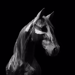 a horse with white markings in black and white