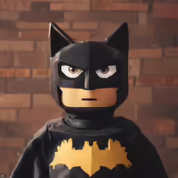 a lego batman is sitting against a brick wall
