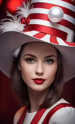 a woman with red and white stripes dress up for a photo