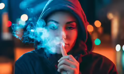 a young woman smoking a cigarette with blue eyes