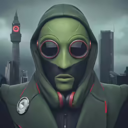 a person wearing an alien suit with headphones on in front of a cityscape