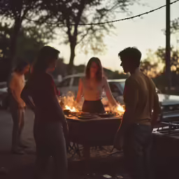 people gather at a barbecue with fire