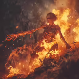 a woman walking over a fire filled hillside