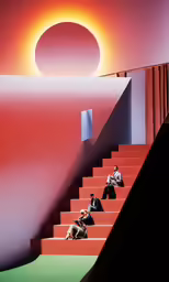 three people on some stairs to some very nice structures