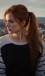 a woman with red hair standing in front of a city