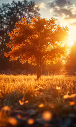 the sun is rising over a field with a single tree